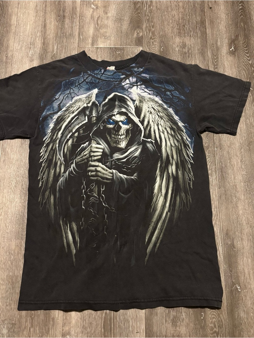 Vintage Y2K Grim Reaper Angel Skull T Shirt Skeleton Mens Small